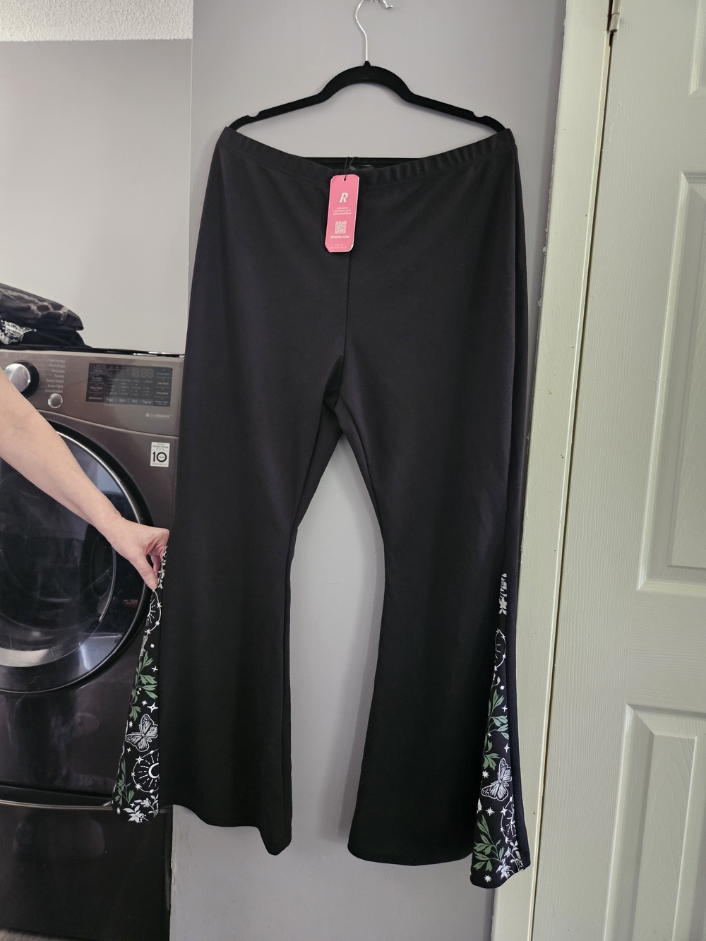 Black Bell Bottom Flares With Cottagecore Nature Side Panel Design